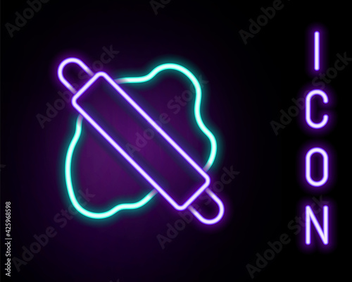Glowing neon line Rolling pin on dough icon isolated on black background. Colorful outline concept. Vector
