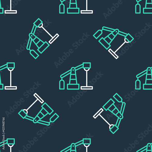 Line Oil pump or pump jack icon isolated seamless pattern on black background. Oil rig. Vector