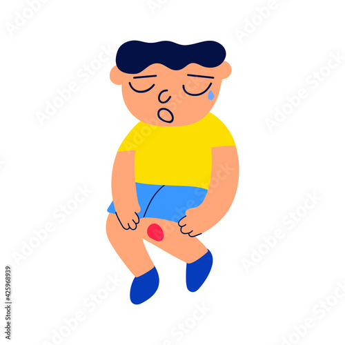 Kid hurt knee. Vector icon illustration on white background.