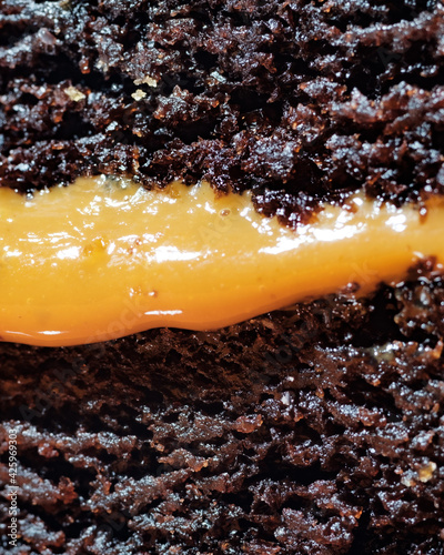 Close-up of chocolate cake with caramel filling
