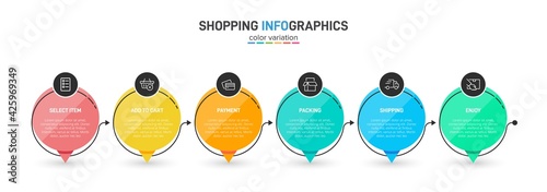 Concept of shopping process with 6 successive steps. Six colorful graphic elements. Timeline design for brochure, presentation, web site. Infographic design layout.
