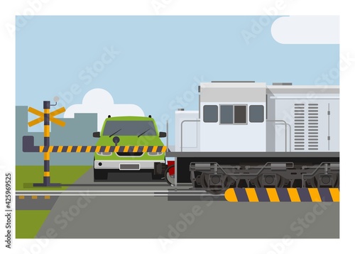 Train passing railroad crossing. Simple flat illustration.