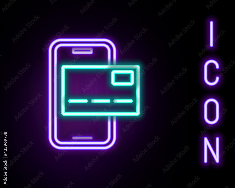 Glowing neon line Mobile banking icon isolated on black background. Transfer money through mobile banking on the mobile phone screen. Colorful outline concept. Vector Glowing neon line Mobile banking icon isolated on black background. Transfer money through mobile banking on the mobile phone screen. Colorful outline concept. Vector