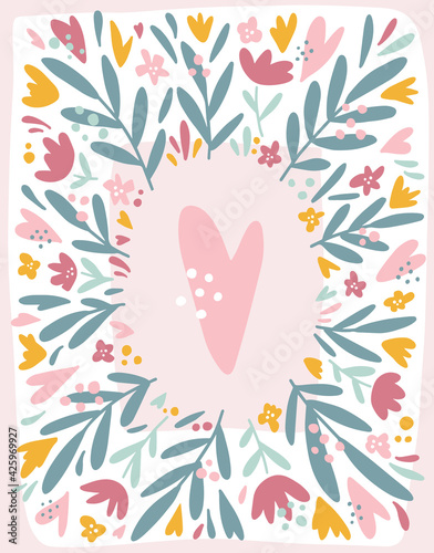 Floral vector card with tropical flowers and leaves  border for text. Spring hearts with botanical elements. Frame with abstract shape in Scandinavian style for fabric  wallpaper  clothes. 