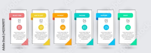 Concept of shopping process with 6 successive steps. Six colorful graphic elements. Timeline design for brochure, presentation, web site. Infographic design layout.