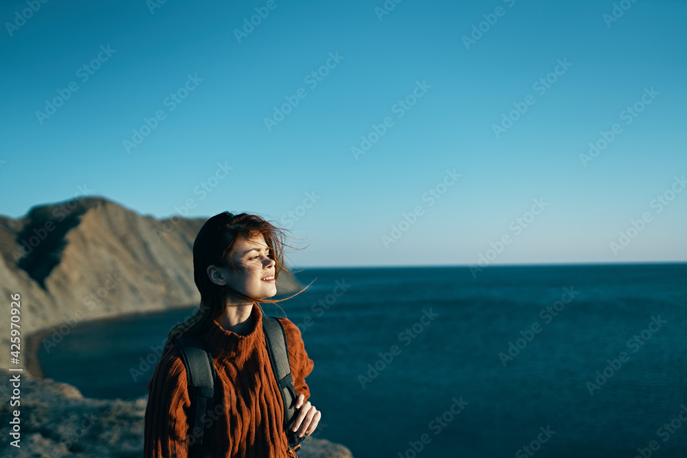 woman hiker backpack walk mountains island fresh air