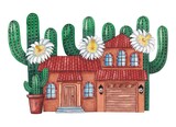 Cute Arizona house with saguaro cactus blossom, Arizona state flower. Cute house with garage. Hand painted watercolor illustration.
