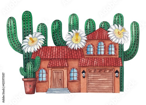 Cute Arizona house with saguaro cactus blossom, Arizona state flower. Cute house with garage. Hand painted watercolor illustration.