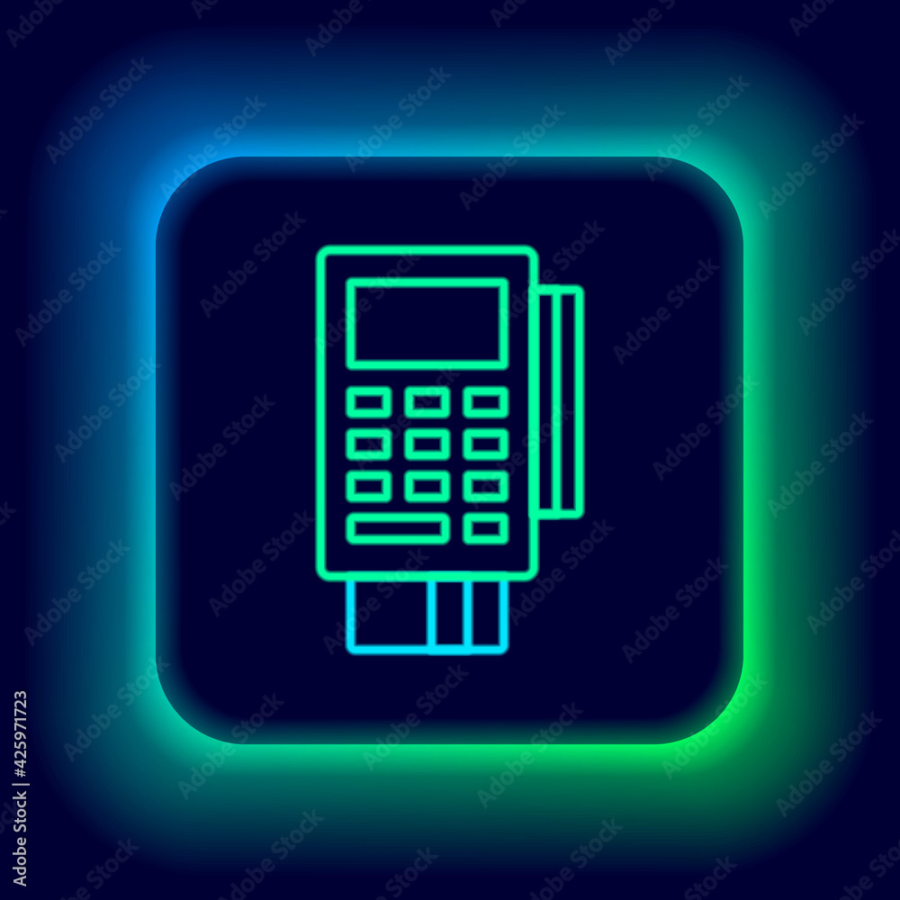Glowing neon line POS terminal with inserted credit card and printed reciept icon isolated on black background. NFC payment concept. Colorful outline concept. Vector Glowing neon line POS terminal with inserted credit card and printed reciept icon isolated on black background. NFC payment concept. Colorful outline concept. Vector