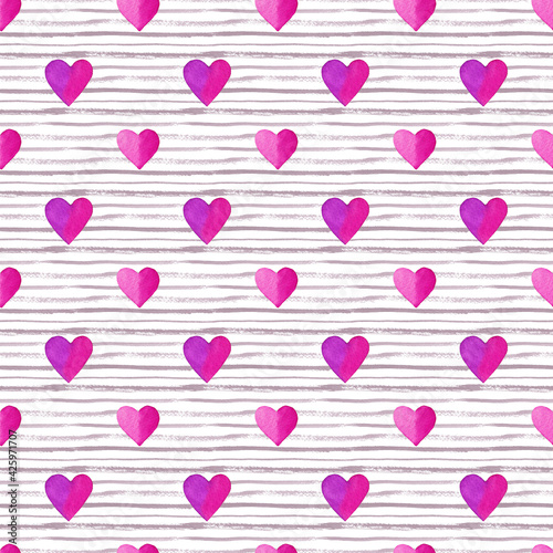 Seamless pattern with pink and purple hearts on stripped white and grey background. Romantic hand painted watercolor illustration. Valentines day wrapping paper, wallpaper, fabric, textile designs.