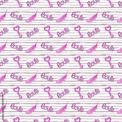 Seamless pattern with pink feathers, keys and love lettering on stripped white and grey background. Romantic watercolor illustration. Valentines day scrapbook page, wallpaper, textile designs.