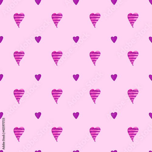 Seamless pattern with pink and purple hearts on pink background. Romantic hand painted watercolor illustration. Valentines day wrapping paper, scrapbook page, wallpaper, fabric, textile designs.