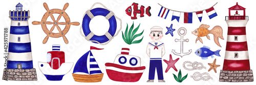 Set of cute nautical illustrations. Big collection of hand painted isolated watercolor illustrations on white background.