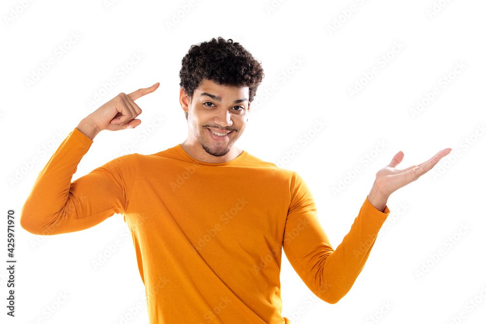 Young black afro guy laughing and pointing to something with his finger Young black afro guy laughing and pointing to something with his finger