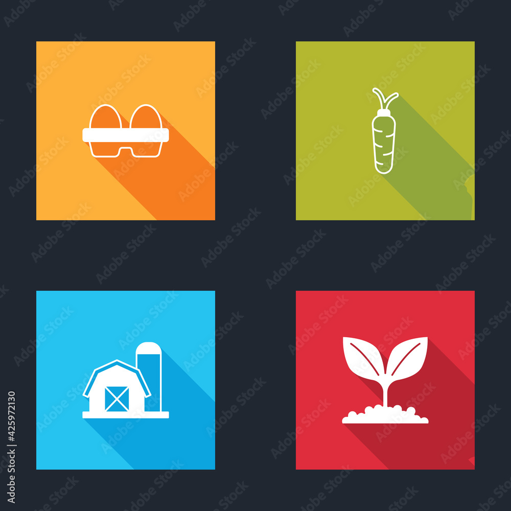 Set Chicken egg in box, Carrot, Farm house and Plant icon. Vector Set Chicken egg in box, Carrot, Farm house and Plant icon. Vector
