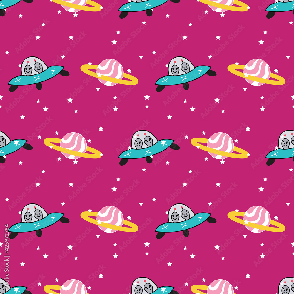 Colorful outer space repeat pattern on pink background Colorful outer space repeat pattern on pink background