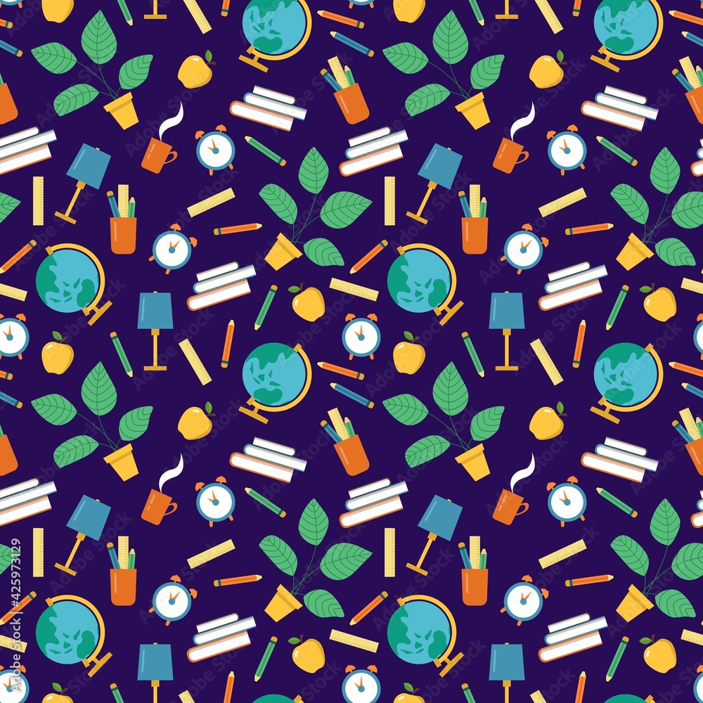Back to school. Seamless pattern with school elements. Hand-drawn flat style. Design for fabric, textile, wallpaper, packaging. Back to school. Seamless pattern with school elements. Hand-drawn flat style. Design for fabric, textile, wallpaper, packaging.
