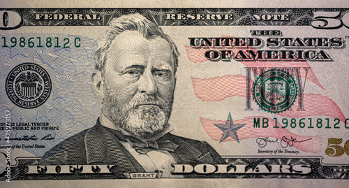 The fifty dollars banknote macro. Close up shor of the President Grant