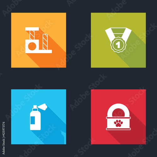 Set Cat scratching post, Dog award symbol, Pet shampoo and Canned food icon. Vector