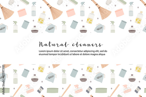 Natural household cleaners: soda, vinegar, lemon, mustard powder, salt, laundry soap. Eco friendly detergents, chemical free. Zero waste lifestyle. Green home concept. Vector flat cartoon illustration