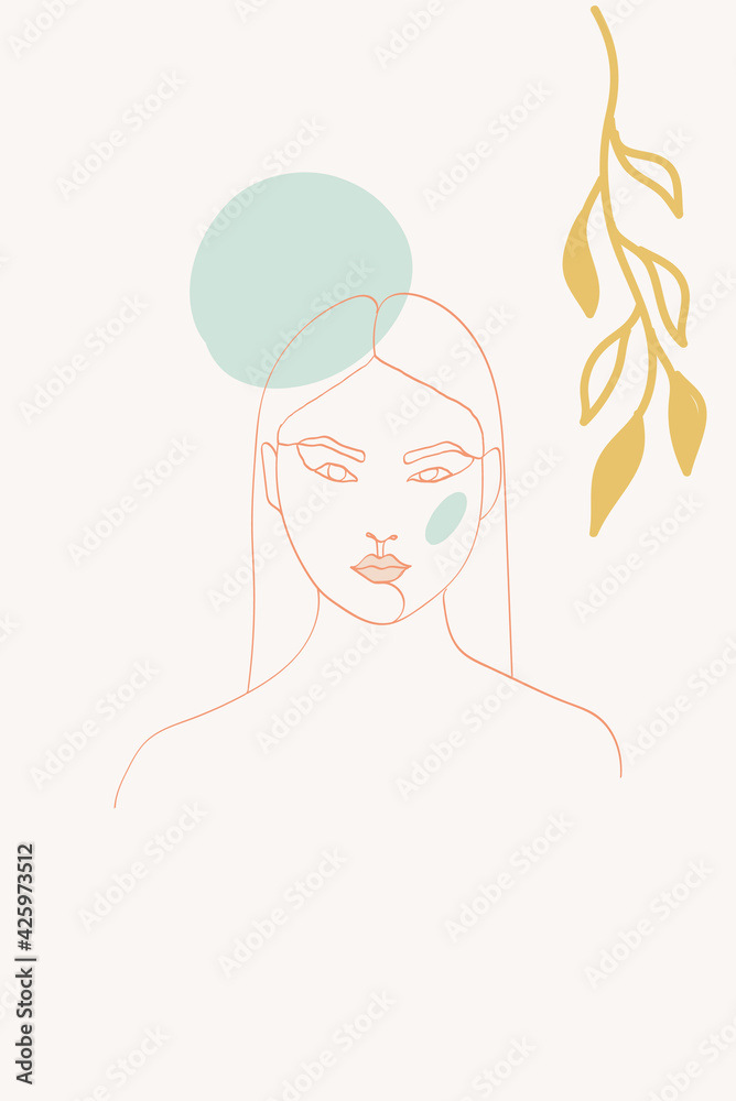 Peach and Blue Leaf Art Vector Background. Lady Profile Design. Nude Portrait Modern Poster. Contour Beauty Pattern. Peach and Blue Leaf Art Vector Background. Lady Profile Design. Nude Portrait Modern Poster. Contour Beauty Pattern.