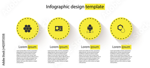 Set Honeycomb, online service, Beekeeper with protect hat and . Business infographic template. Vector