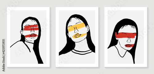 Surreal faces abstract art background vector. Portrait abstract face one line drawing with modern continuous line art and abstract geometric art style. Good for poster, wall art, print, cover design.