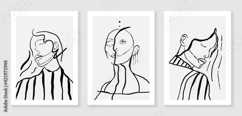 Surreal faces abstract art background vector. Portrait abstract face one line drawing with modern continuous line art and abstract geometric art style. Good for poster, wall art, print, cover design.