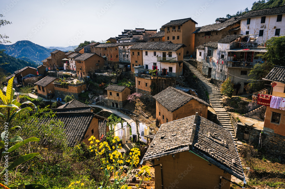 old earthen buildings on mountains, located in Shexian, Anhui, China.