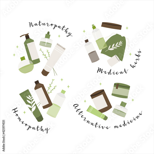 Homeopathy, naturopathy. Complementary, alternative, integrative, holistic medicine. Natural organic herb. Apothecary bottle. Vector flat cartoon illustration, landing page, banner design, web