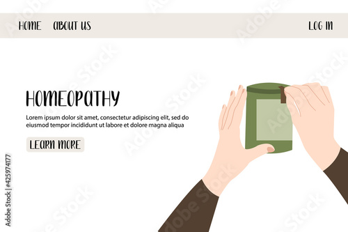 Homeopathy, naturopathy. Complementary, alternative, integrative, holistic medicine. Natural organic herb. Apothecary bottle. Vector flat cartoon illustration, landing page, banner design, web