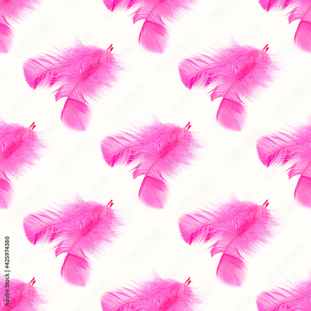 Obraz premium Bright pink bird feather repeat seamless pattern on light background.