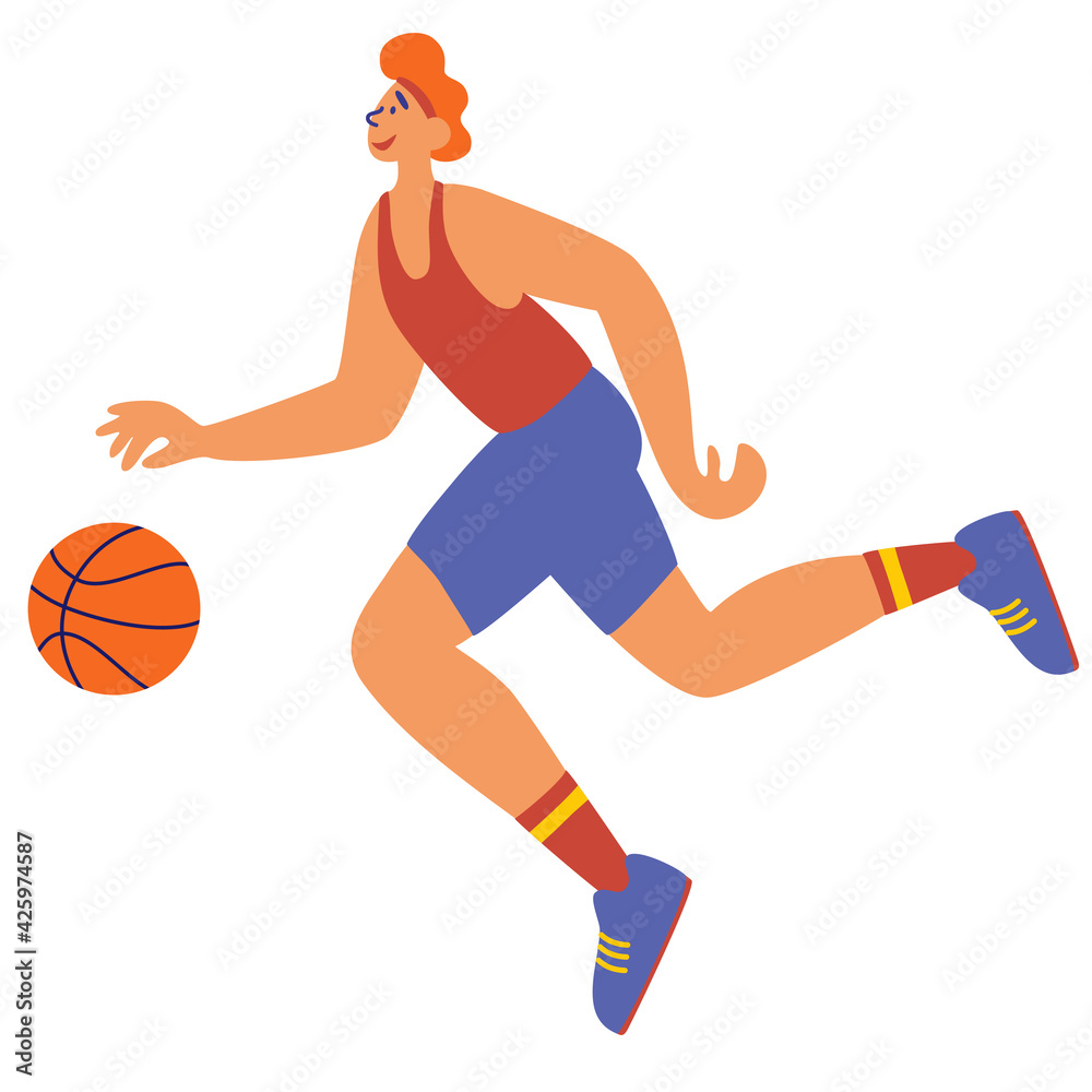 Sportsmen training with ball. Young man skilled sportsman in uniform running, playing soccer. Sport competition, enjoying hobby, activity outdoors. Active guy enjoying sports. Vector illustration