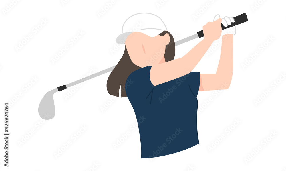 スポーツのゴルフのイラスト。ゴルフクラブでスイングしてる若い女性。 スポーツのゴルフのイラスト。ゴルフクラブでスイングしてる若い女性。