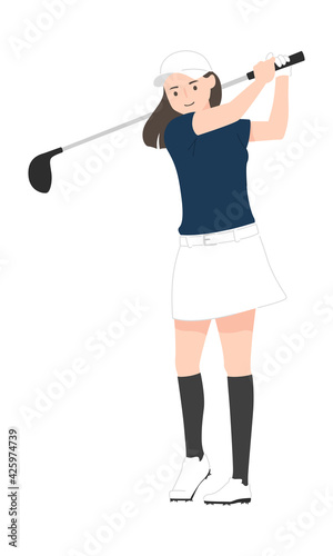 スポーツのゴルフのイラスト。ゴルフクラブでスイングしてる若い女性。