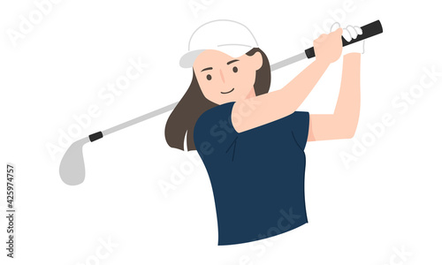 スポーツのゴルフのイラスト。ゴルフクラブでスイングしてる若い女性。