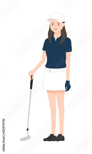 ゴルフウェアを着た女性のイラスト。ゴルフクラブを持って立っている若い女性。