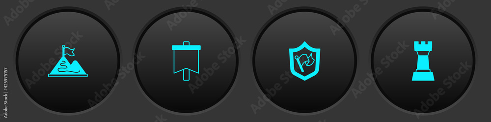 Set Mountains with flag, Flag, Shield and Chess icon. Vector Set Mountains with flag, Flag, Shield and Chess icon. Vector