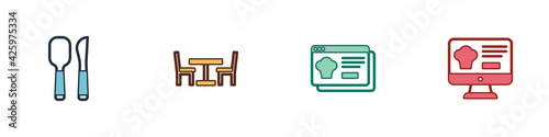 Set Knife and spoon, Wooden table with chair, Online ordering delivery and icon. Vector