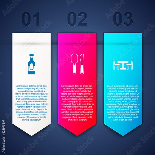 Set Wine bottle, Knife and spoon and Wooden table with chair. Business infographic template. Vector