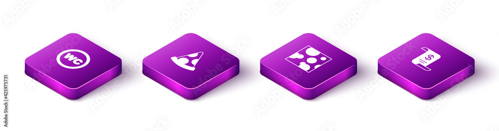 Set Isometric Toilet, Slice of pizza, Cheese and Paper or financial check icon. Vector Set Isometric Toilet, Slice of pizza, Cheese and Paper or financial check icon. Vector