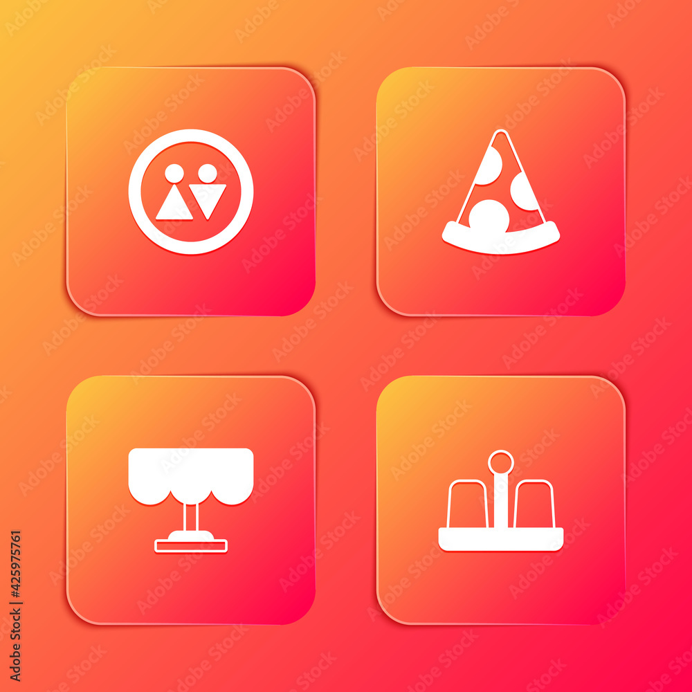 Set Toilet, Slice of pizza, Wooden table and Salt and pepper icon. Vector