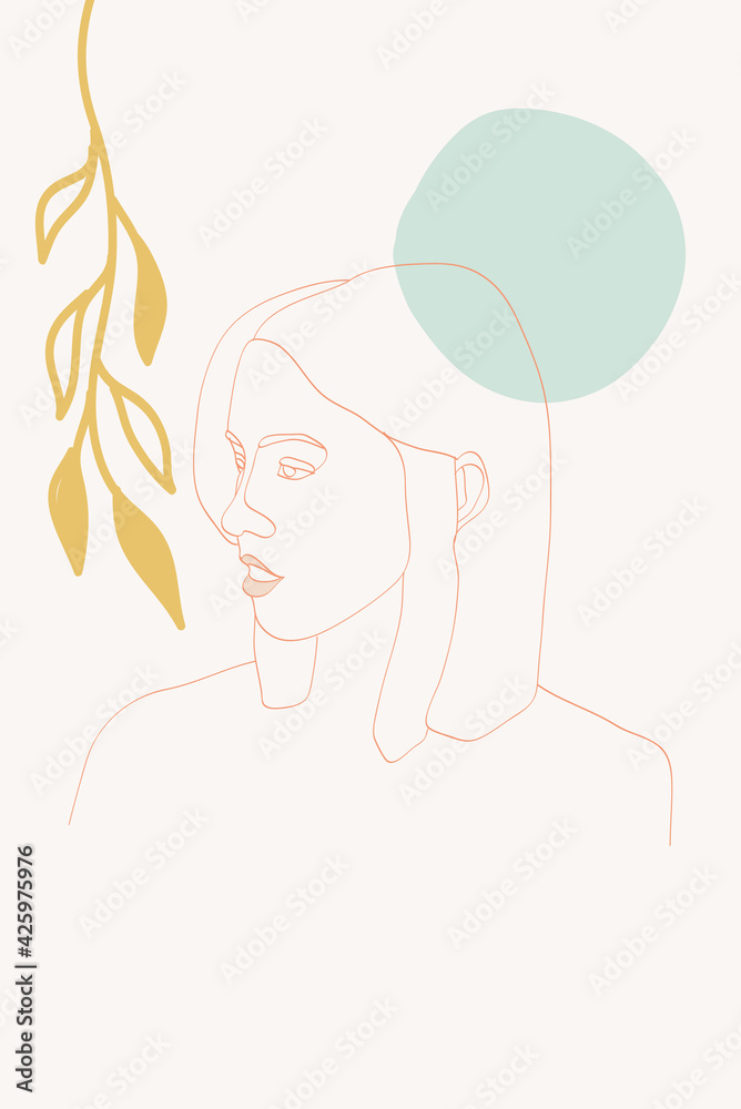 White and Pink Plant Minimalist Vector Background. Face Drawing Print. Peach and Blue Lady Model Cover. Silhouette Spa Design. White and Pink Plant Minimalist Vector Background. Face Drawing Print. Peach and Blue Lady Model Cover. Silhouette Spa Design.