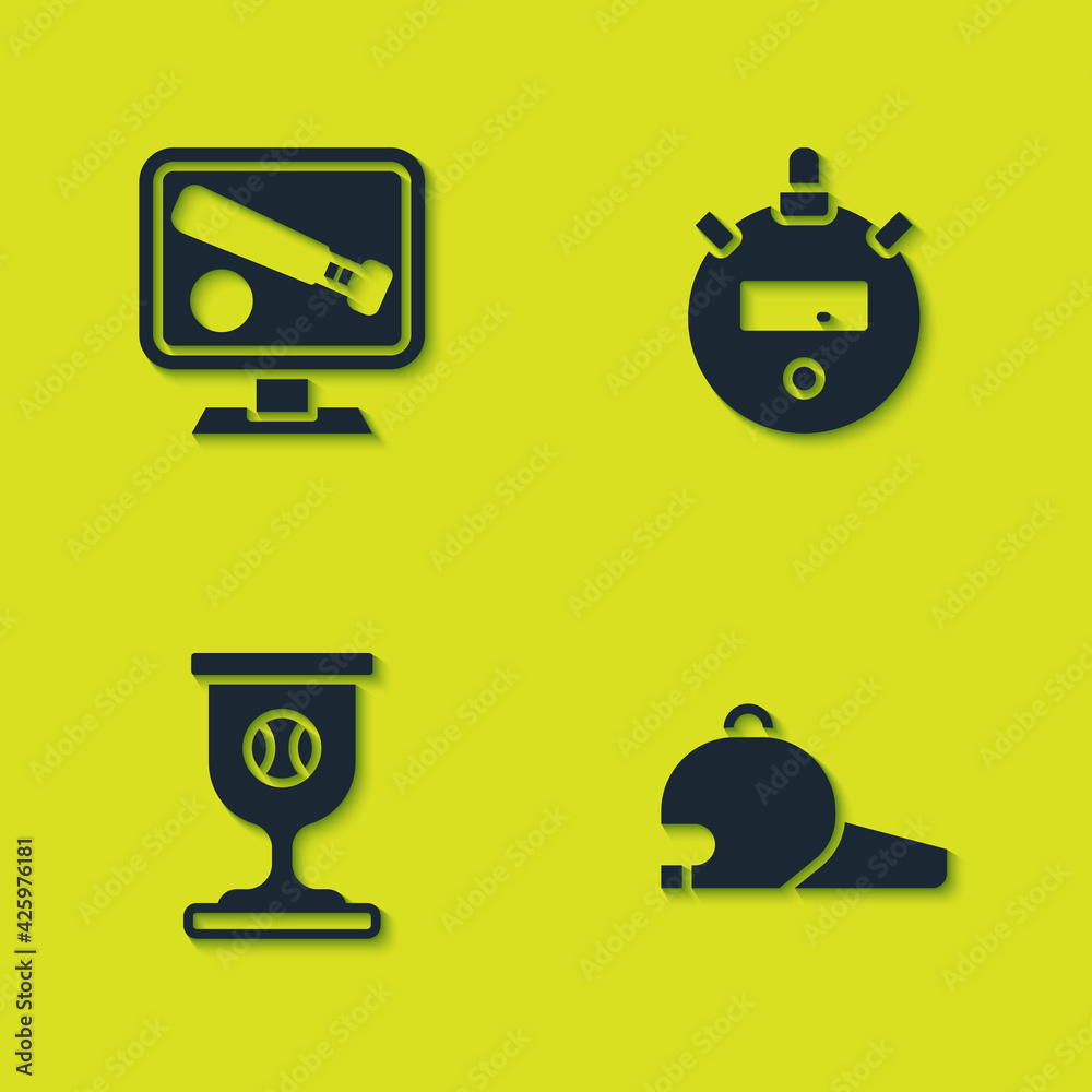 Set Monitor with baseball game, Baseball cap, Award cup and Stopwatch icon. Vector Set Monitor with baseball game, Baseball cap, Award cup and Stopwatch icon. Vector