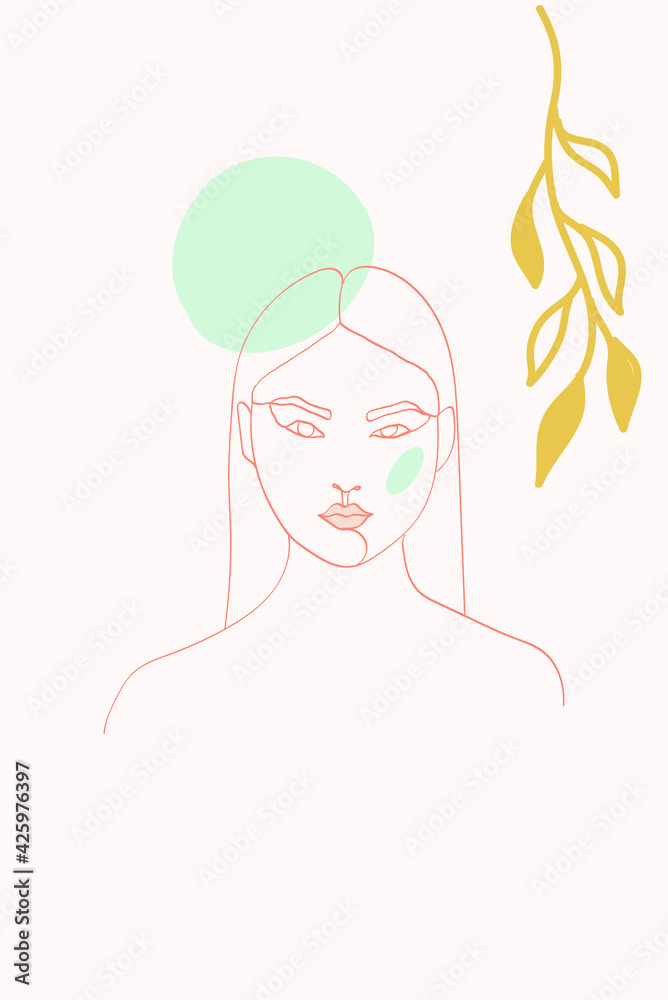 Peach and Blue Leaf Art Vector Background. Lady Profile Design. Nude Portrait Modern Poster. Contour Beauty Pattern. Peach and Blue Leaf Art Vector Background. Lady Profile Design. Nude Portrait Modern Poster. Contour Beauty Pattern.