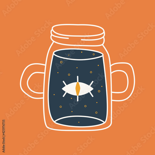 Hand drawn abstract jar with an eye in modern, trendy colors, taro cards and boho concept, minimalism art.