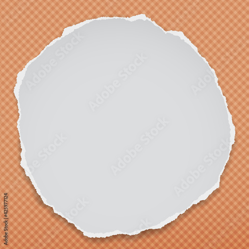 Torn of white round note, notebook paper piece stuck on orange background. Vector illustration
