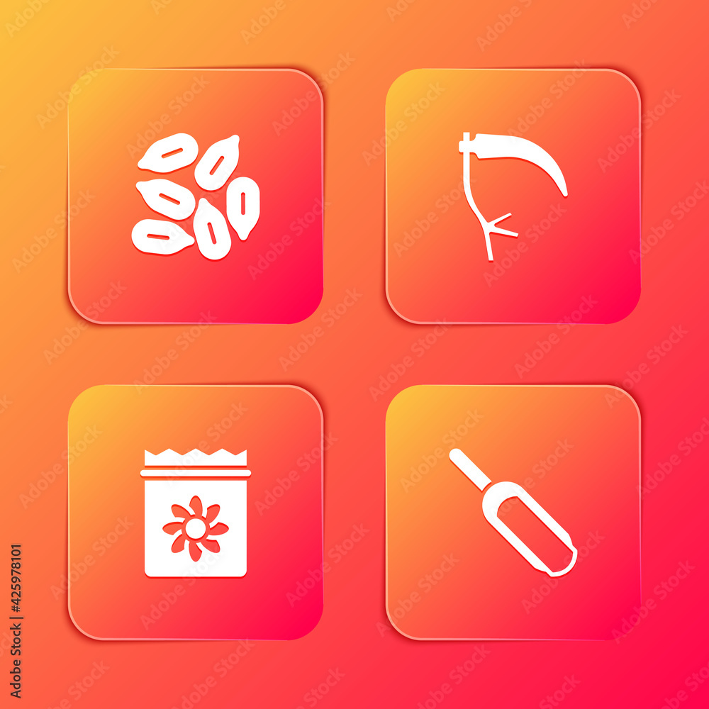 Set Seed, Scythe, Pack full of seeds of plant and Scoop flour icon. Vector Set Seed, Scythe, Pack full of seeds of plant and Scoop flour icon. Vector