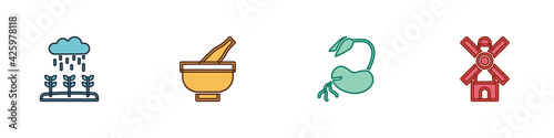 Set Plant sprouts grow in the rain, Mortar and pestle, Sprout and Windmill icon. Vector