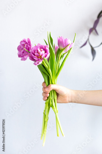 Bouquet of lovely spring pink tulips in hand on a light background. Greeting card, gift for mother's day, March 8 or wedding. Floristics, flower shop. Give with love. Minimalism concept. #425978126